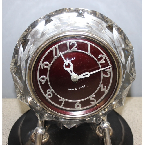 1354 - Retro USSR made glass-cased mechanical clock on stand, by Majak, approx 20cm H