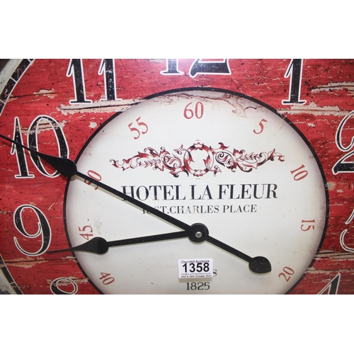 1358 - Large vintage replica wall clock with writing for 'Hotel La Fleur' approx. 62cm wide