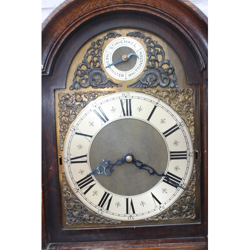 1362 - Antique style oak cased grandmother clock with pendulum and weights, gilt face with subsidiary dial,... 