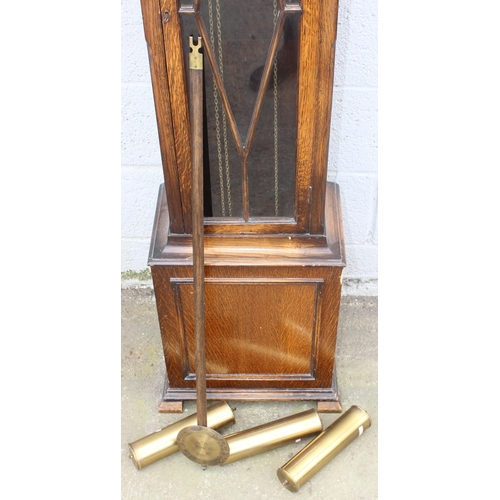 1362 - Antique style oak cased grandmother clock with pendulum and weights, gilt face with subsidiary dial,... 