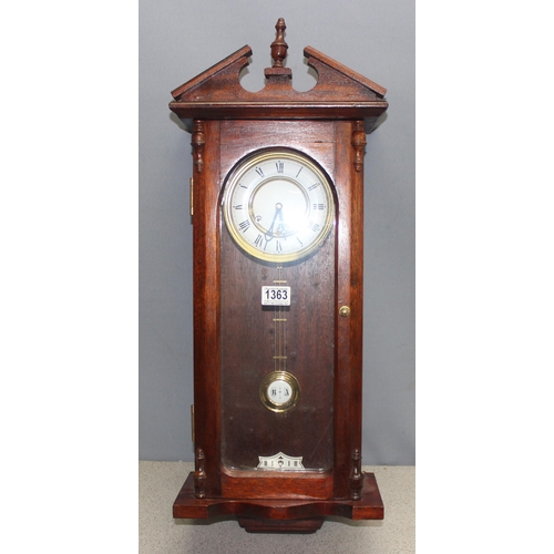 1363 - Antique mahogany cased mechanical wall clock with pendulum and key, approx 75cm