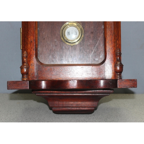 1363 - Antique mahogany cased mechanical wall clock with pendulum and key, approx 75cm