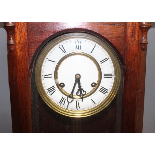 1363 - Antique mahogany cased mechanical wall clock with pendulum and key, approx 75cm