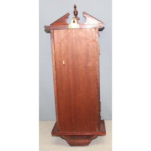 1363 - Antique mahogany cased mechanical wall clock with pendulum and key, approx 75cm