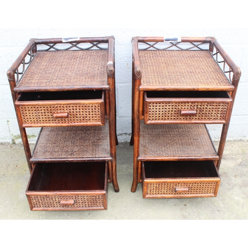 185 - Angrave's Invincible range: a pair of rattan framed bedside tables with bamboo gallery and 2 wicker ... 