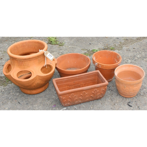 377 - Qty of terracotta planters to inc a strawberry planter, largest approx 33cm wide x 33cm deep x 30cm ... 