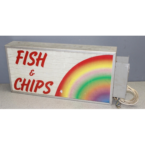 460A - Vintage illuminated fish & chip shop sign with mounting bracket, approx 65cm W x 11cm D x 32cm H