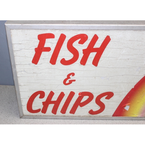 460A - Vintage illuminated fish & chip shop sign with mounting bracket, approx 65cm W x 11cm D x 32cm H