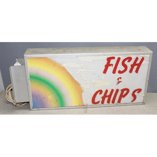 460A - Vintage illuminated fish & chip shop sign with mounting bracket, approx 65cm W x 11cm D x 32cm H