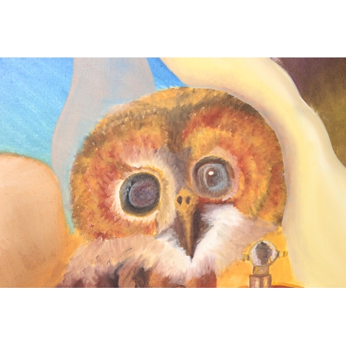 460E - Large oil on canvas in frame abstract painting of a tawny owlet next to a clock, seemingly unsigned,... 