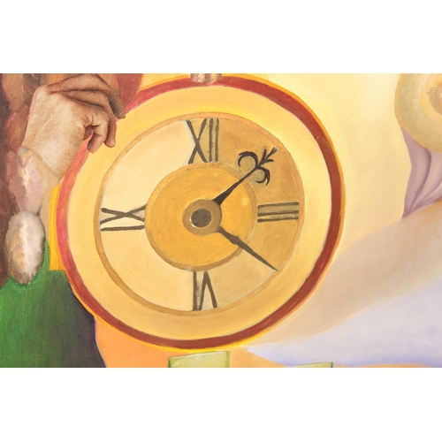 460E - Large oil on canvas in frame abstract painting of a tawny owlet next to a clock, seemingly unsigned,... 