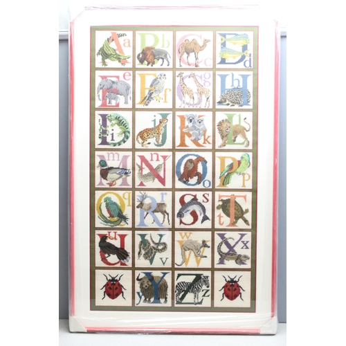 460J - Large animal alphabet rug made from an Elizabeth Bradley tapestry kit in frame, approx 138cm x 87cm