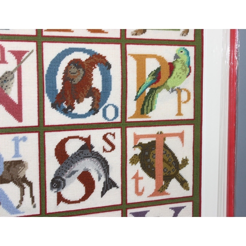 460J - Large animal alphabet rug made from an Elizabeth Bradley tapestry kit in frame, approx 138cm x 87cm