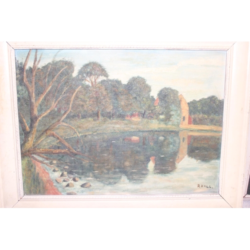 460K - 3 mid-century oil on boards of landscape scenes, 1 signed R. Hall, largest approx 70 x 55cm