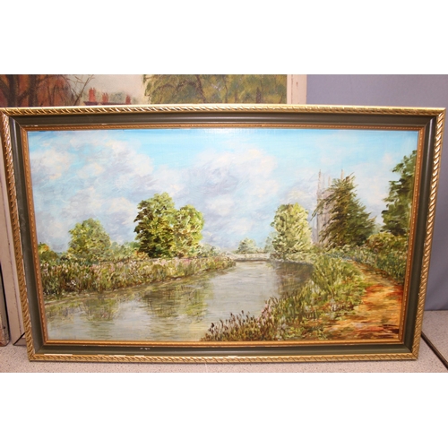 460K - 3 mid-century oil on boards of landscape scenes, 1 signed R. Hall, largest approx 70 x 55cm