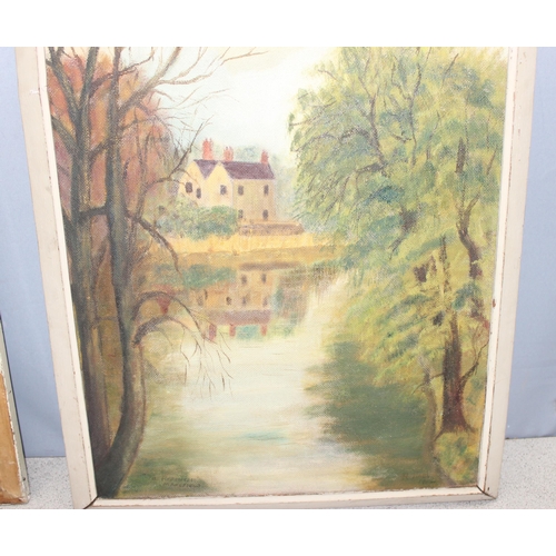 460K - 3 mid-century oil on boards of landscape scenes, 1 signed R. Hall, largest approx 70 x 55cm