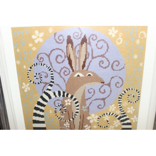 460I - 2 animal tapestry works in frames, badger and a fox, largest approx 66cm x 68cm