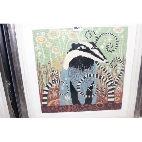 460I - 2 animal tapestry works in frames, badger and a fox, largest approx 66cm x 68cm