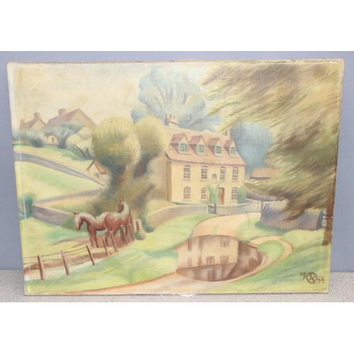 485 - Mid-century oil on canvas showing a large country house with horses to the foreground, monogrammed l... 