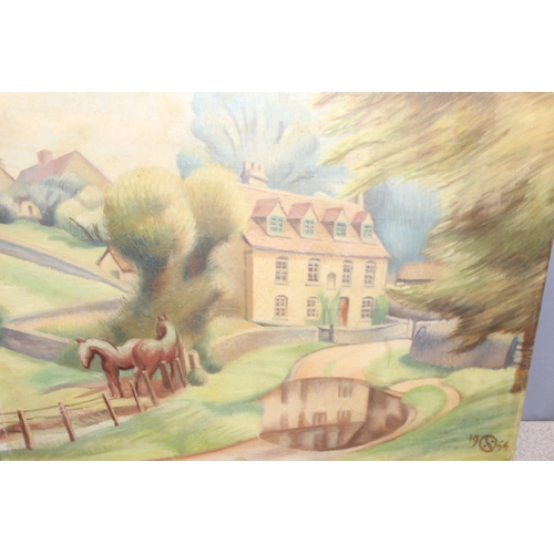 485 - Mid-century oil on canvas showing a large country house with horses to the foreground, monogrammed l... 