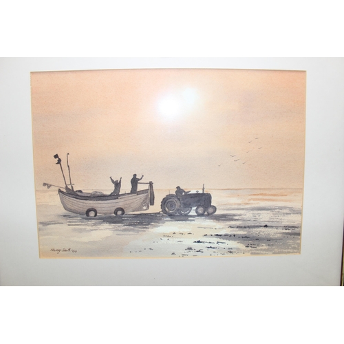 492 - 3 Original watercolours to include a Harry Smith signed watercolour of a potting boat being towed by... 