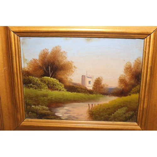 493 - 3 antique style oil on boards of rural scenes in gilt frames, largest approx 30cm x 22cm