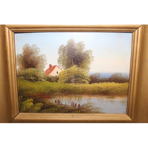 493 - 3 antique style oil on boards of rural scenes in gilt frames, largest approx 30cm x 22cm