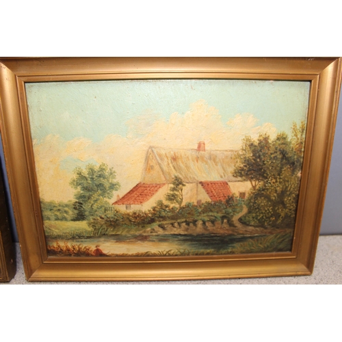 493 - 3 antique style oil on boards of rural scenes in gilt frames, largest approx 30cm x 22cm