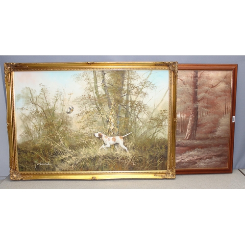 495 - 2 large oil on canvas paintings, 1 showing a forest in autumn and the other a pointer flushing a phe... 