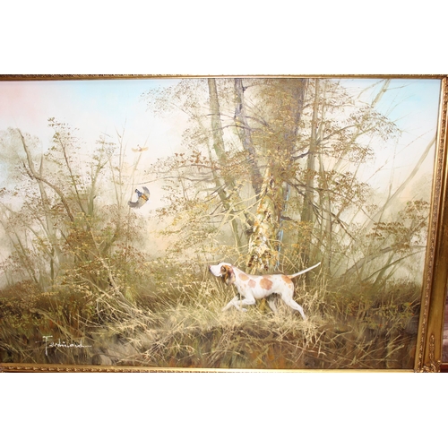 495 - 2 large oil on canvas paintings, 1 showing a forest in autumn and the other a pointer flushing a phe... 