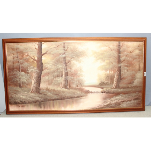 495 - 2 large oil on canvas paintings, 1 showing a forest in autumn and the other a pointer flushing a phe... 