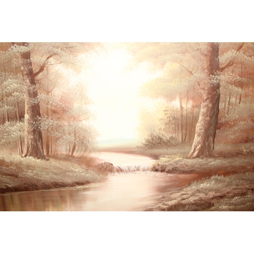 495 - 2 large oil on canvas paintings, 1 showing a forest in autumn and the other a pointer flushing a phe... 