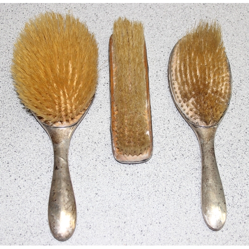 1097 - An early 20th century 4 piece silver backed brush and mirror set with pin striped decoration, variou... 