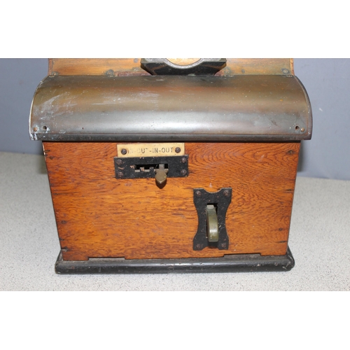 1364 - Early 20th century mechanical factory clocking in/clocking out machine, approx 87 x 28 x 34cm