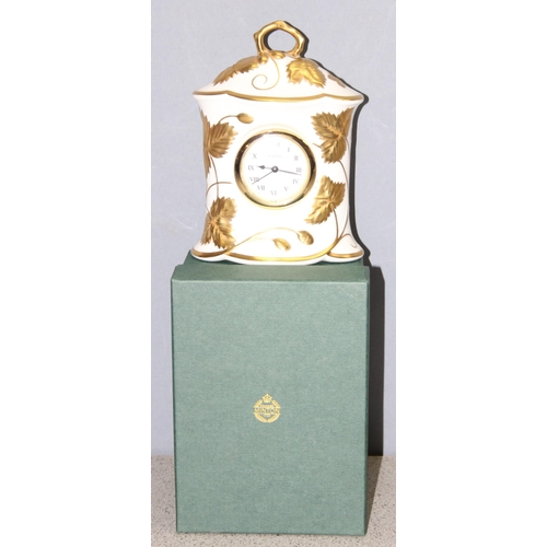 1365 - Minton porcelain clock with ornate 'Victoria Strawberry' leaf gilt decoration, with original box, ap... 