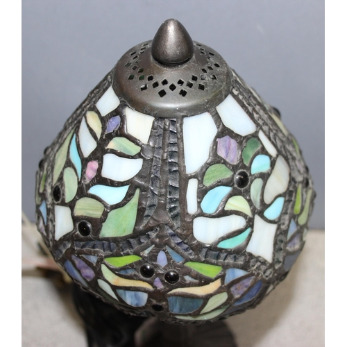 269C - Small Tiffany style bronzed table lamp with blues, greens and purples within the leaded glass shade,... 