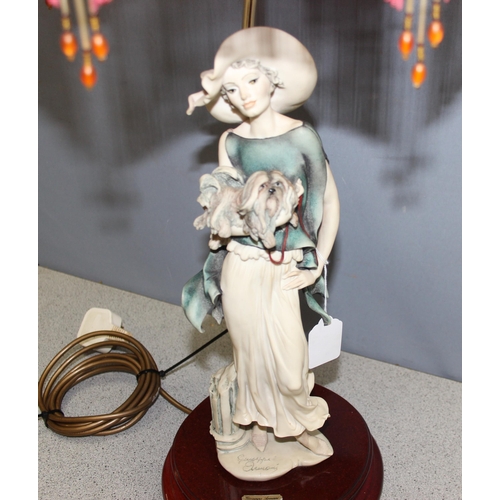 269K - A Guiseppe Armani Florence figural table lamp, modelled as a lady holding a dog with beaded fringe s... 