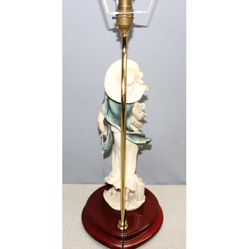 269K - A Guiseppe Armani Florence figural table lamp, modelled as a lady holding a dog with beaded fringe s... 