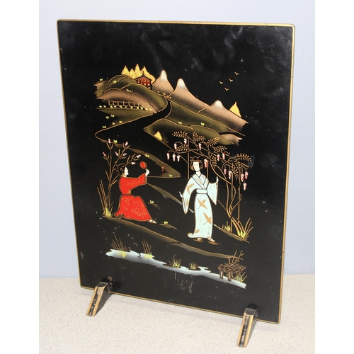 299 - Japanese style black lacquered fire-screen, approx 61cm x 46cm