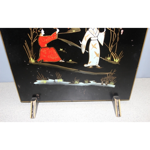 299 - Japanese style black lacquered fire-screen, approx 61cm x 46cm