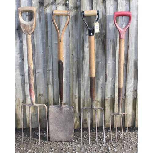 386 - 3 garden forks and a spade (4)