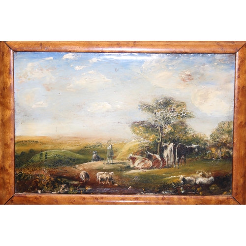 440A - Antique original oil on board of a rural scene showing a farmer tending to his livestock, seemingly ... 