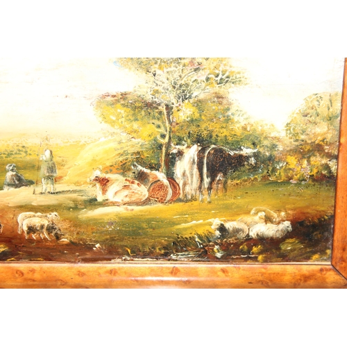 440A - Antique original oil on board of a rural scene showing a farmer tending to his livestock, seemingly ... 