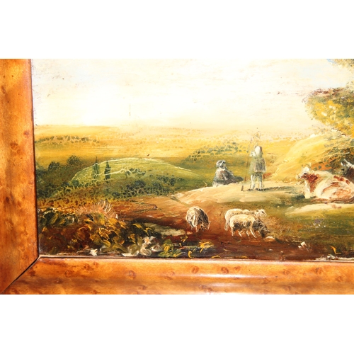 440A - Antique original oil on board of a rural scene showing a farmer tending to his livestock, seemingly ... 