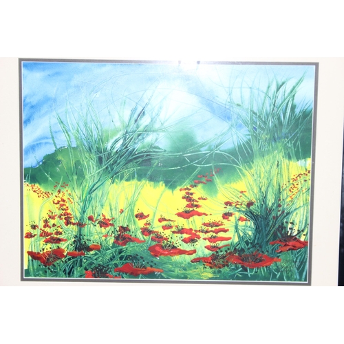 440B - Contemporary gouache and acrylic painting of poppy fields, indistinctly signed bottom right, approx ... 