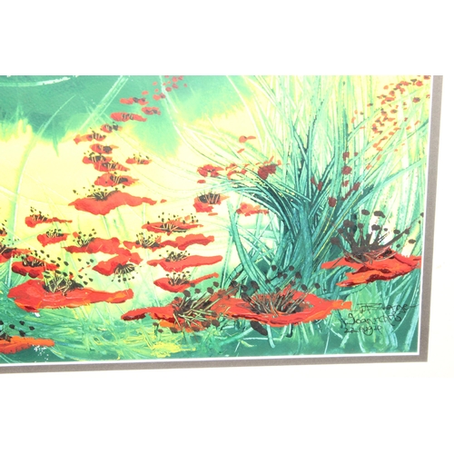 440B - Contemporary gouache and acrylic painting of poppy fields, indistinctly signed bottom right, approx ... 