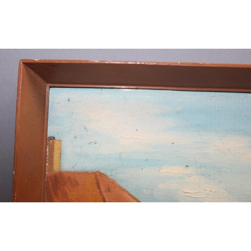 440E - Large retro oil on board of a landscape scene, signed bottom right J Pearce? approx 106 x 50cm