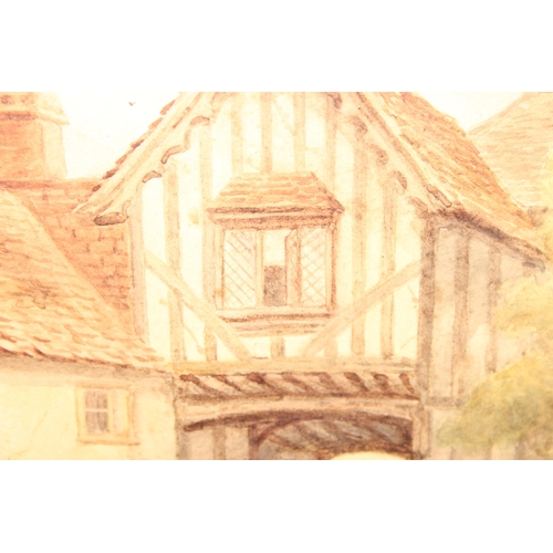 440F - George Harrison RCA (1867-1950), watercolour of a Tudor cottage with figures, signed lower left and ... 