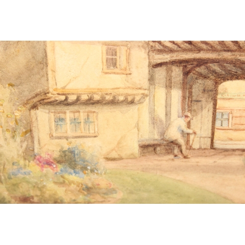 440F - George Harrison RCA (1867-1950), watercolour of a Tudor cottage with figures, signed lower left and ... 