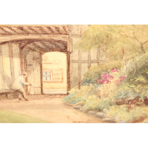 440F - George Harrison RCA (1867-1950), watercolour of a Tudor cottage with figures, signed lower left and ... 